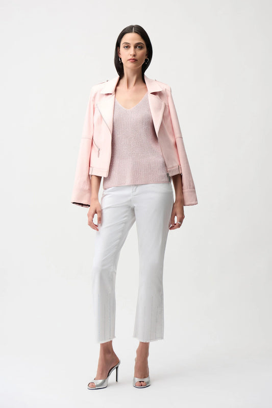A woman poses against a white background wearing a light pink jacket, white cropped pants, silver heels, and the Joseph Ribkoff Metallic Knitted Camisole with Rhinestones (252915S26).
