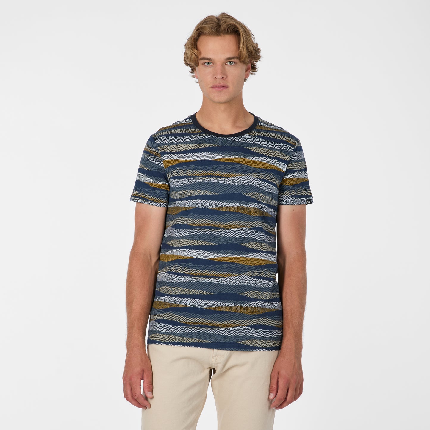 A young man with wavy blond hair, wearing RAGWEAR's T-shirt Wannel 2612-15050 Grey Multi-Coloured and light beige pants, stands facing forward against a plain white background.