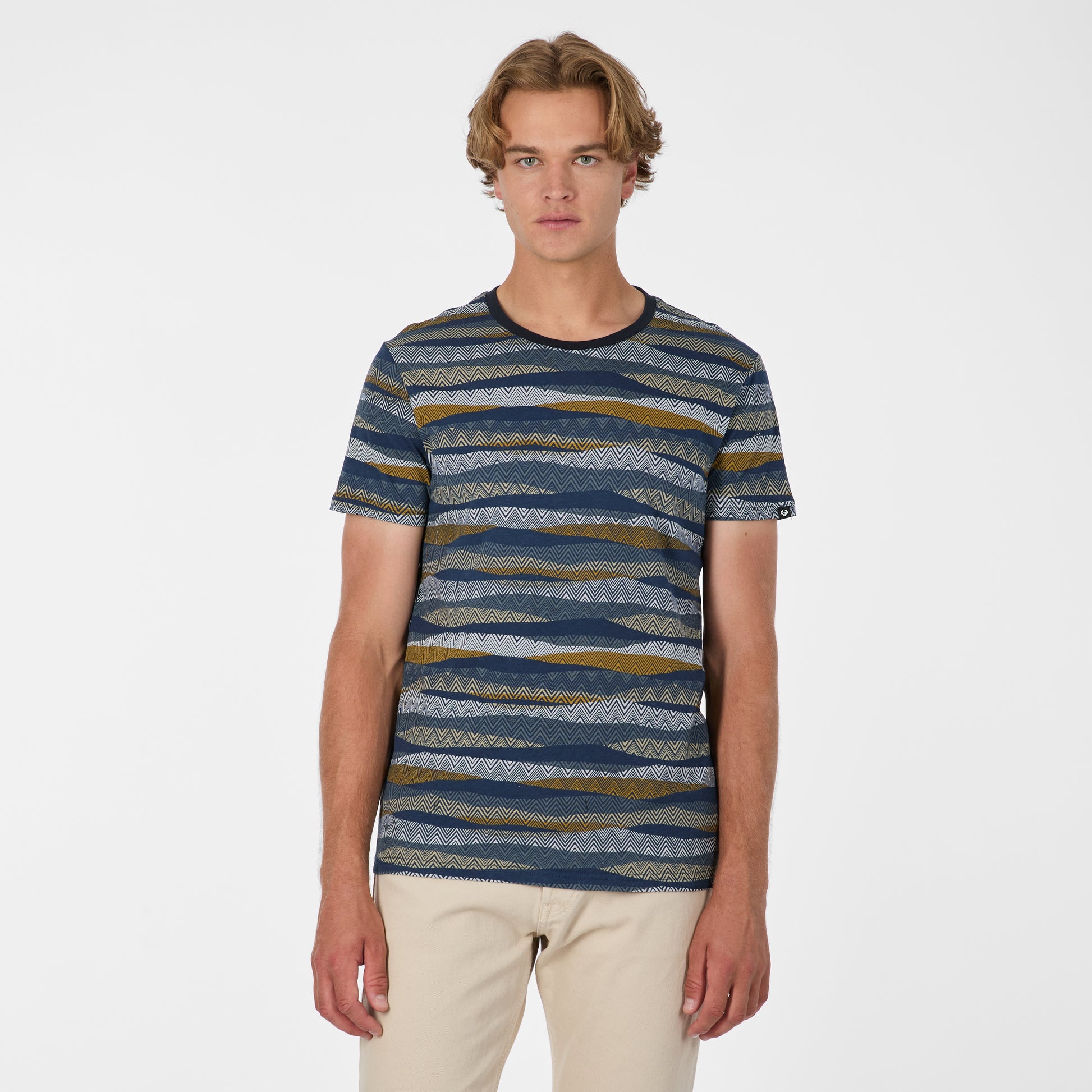 A young man with wavy blond hair, wearing RAGWEAR's T-shirt Wannel 2612-15050 Grey Multi-Coloured and light beige pants, stands facing forward against a plain white background.