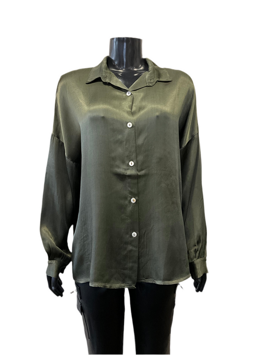 A mannequin showcasing the Button Shirt Olive by ETERNELLE, an Italian-crafted long-sleeved blouse in a glossy dark olive green fabric. The military-style blouse features a classic collar and white buttons down the front. The mannequin's lower half is dressed in black pants, set against a plain white background.