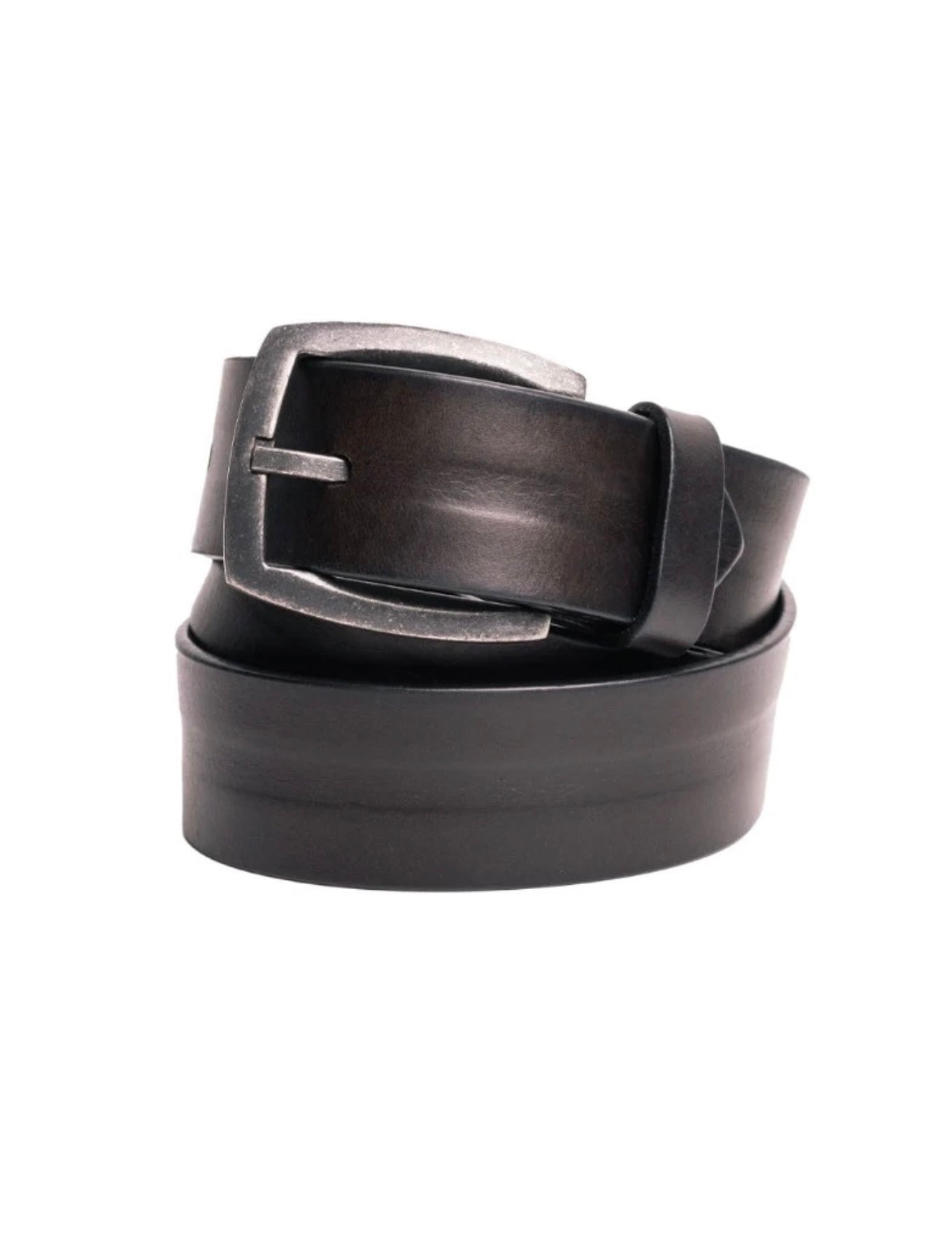 The Silver Jeans Co. 38MM Genuine Leather Belt from Silver Jeans Co. is showcased against a simple white background. This men's belt, made of coiled black genuine leather, boasts a smooth texture and features a blackened antique nickel finish buckle with rounded edges and a rectangular shape.