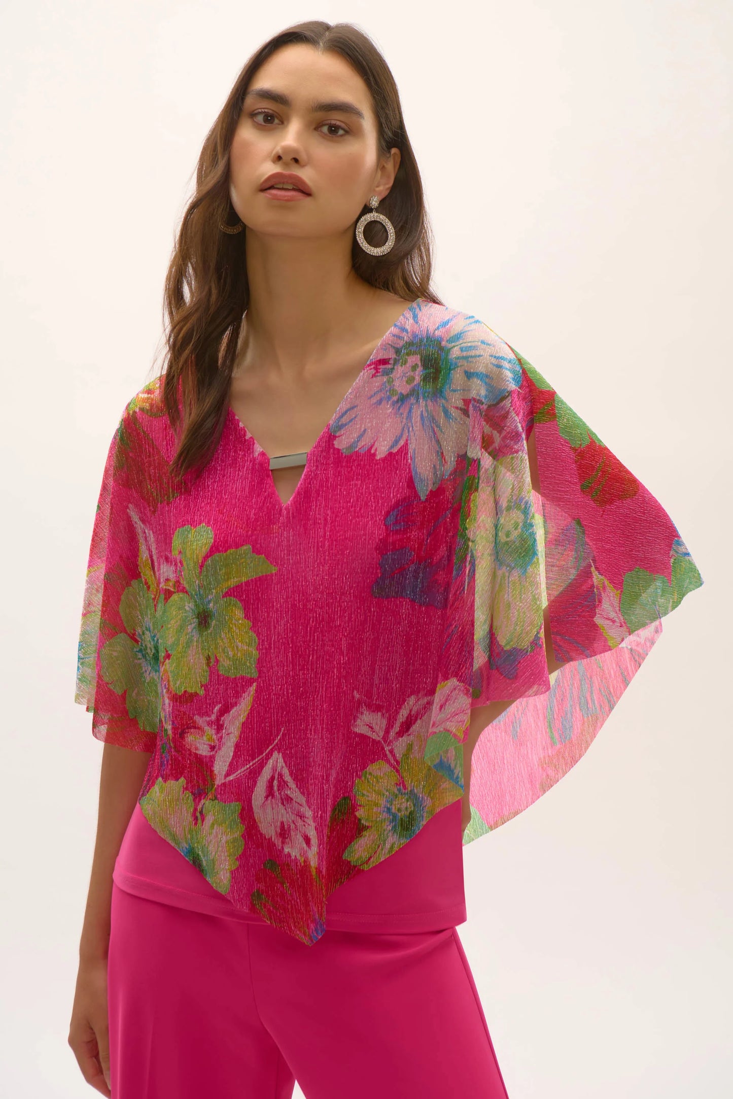 Signature | Metallic Pleated Knit Floral Print Poncho Top 252720 - Joseph Ribkoff