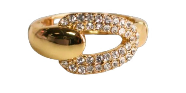 The Jenna 78 Gold Stretch Ring by Elise Accessories features a bold oval-link design with clear gemstones, making it a stunning piece of costume jewelry.
