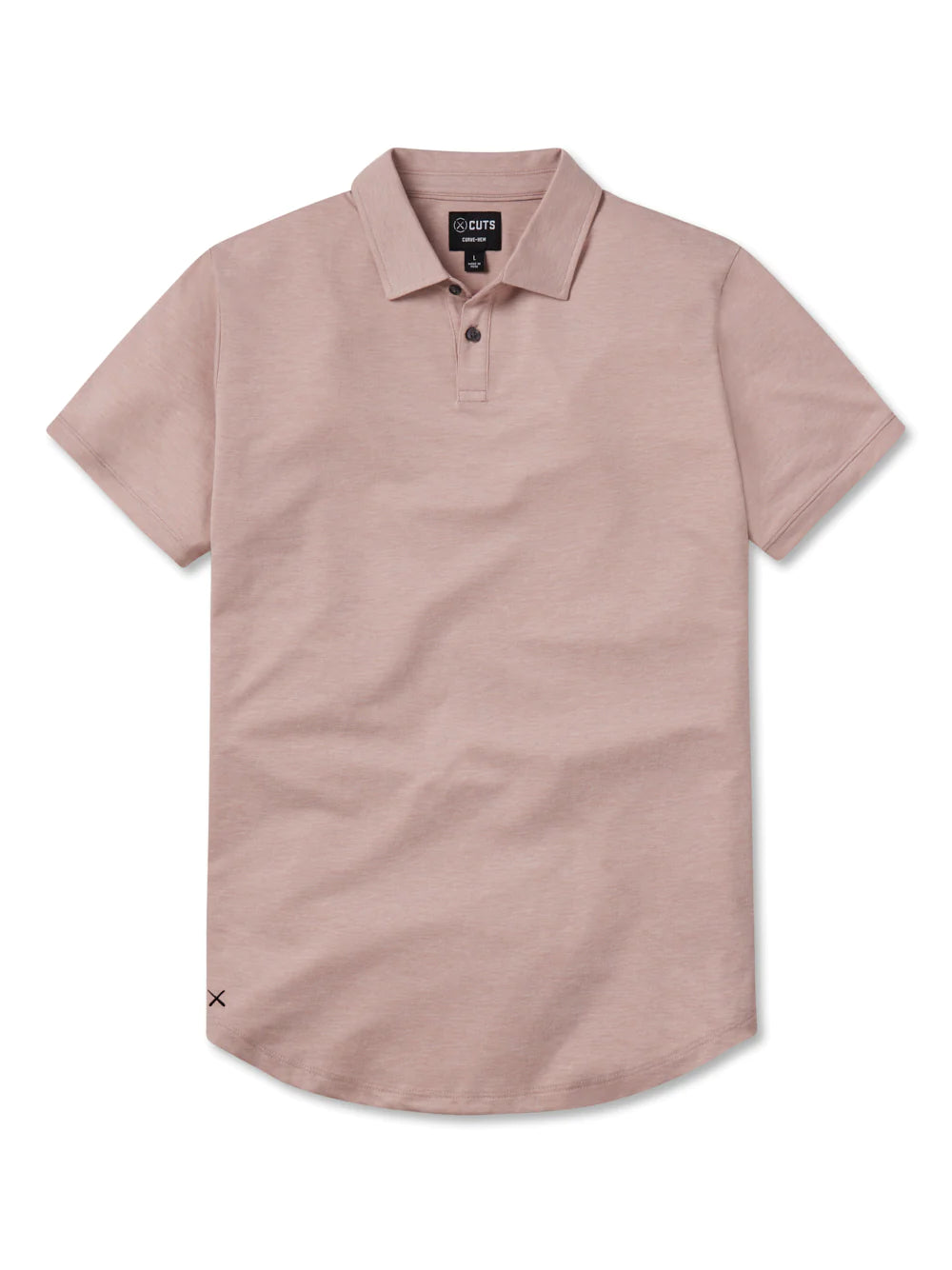 The Universal COZ Polo - CURVE HEM, a light pink short-sleeved shirt by Once We Were Warriors, is neatly laid out. Crafted from Pima Cotton, it features a two-button placket and a small, subtle logo near the bottom hem on the left side. The fabric has a slightly textured appearance and 4-way stretch, giving it an athletic feel while maintaining its clean, minimalist style.