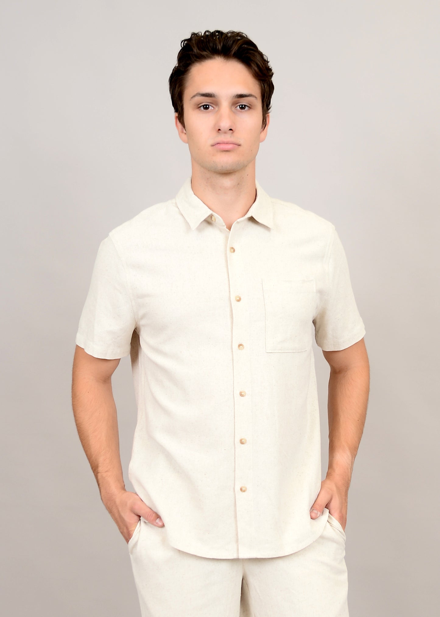 Linen Blend Short Sleeve Button Shirt 56MW104S - HEDGE