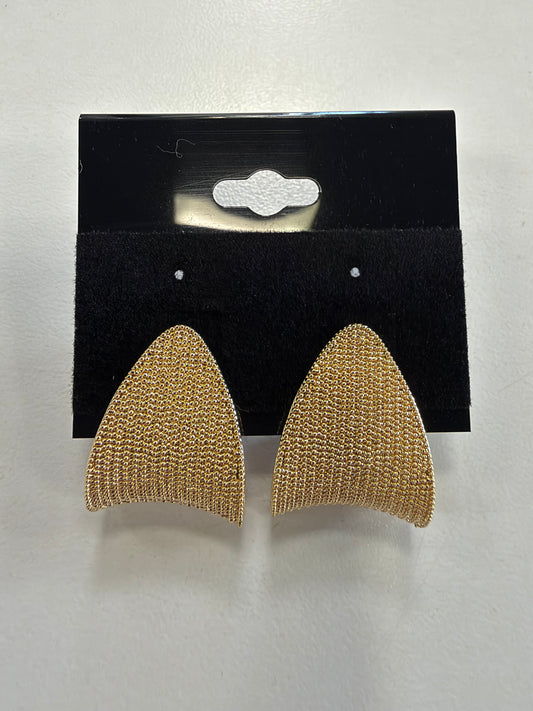Pair of gold-toned textured triangle Dior 17 Earrings by Elise accessories on a black display card.