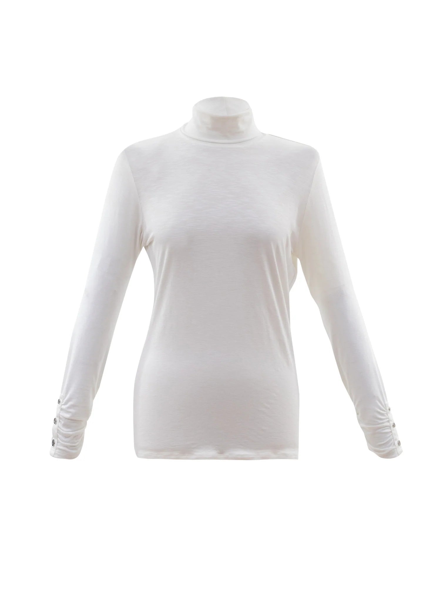 The Turtleneck Top w/Ruche Cuff & Button Detail 6400 MARBLE by MARBLE is showcased on a plain white background. This white long sleeve turtleneck shirt, crafted from lightweight viscose, features a fitted design with subtle button details and ruched cuffs near the wrists.