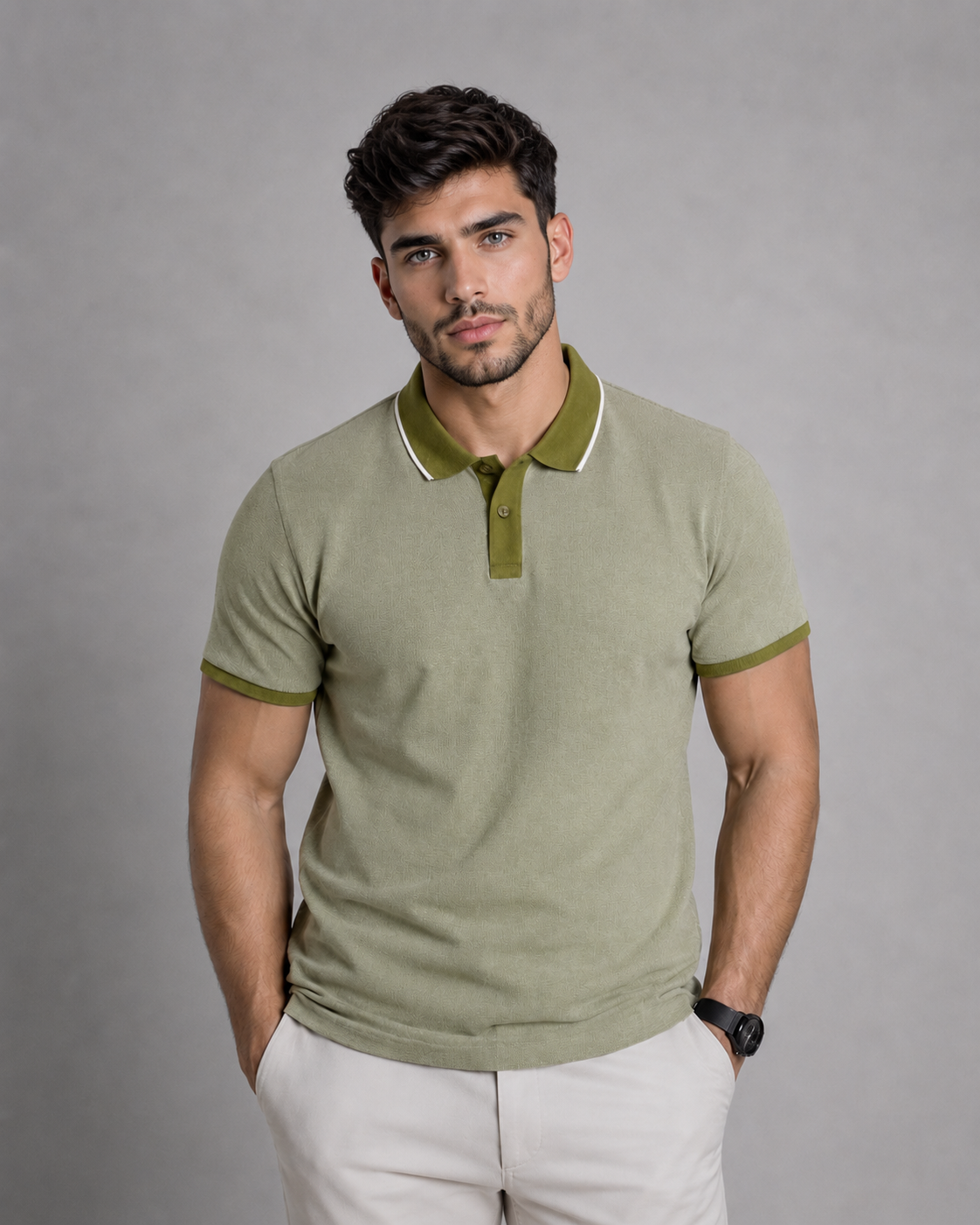 A man with short dark hair and a beard wears the BLEND BH GILBERT POLO (20720491-180523) in light green, paired with beige pants, standing against a plain gray background with his hands in his pockets.