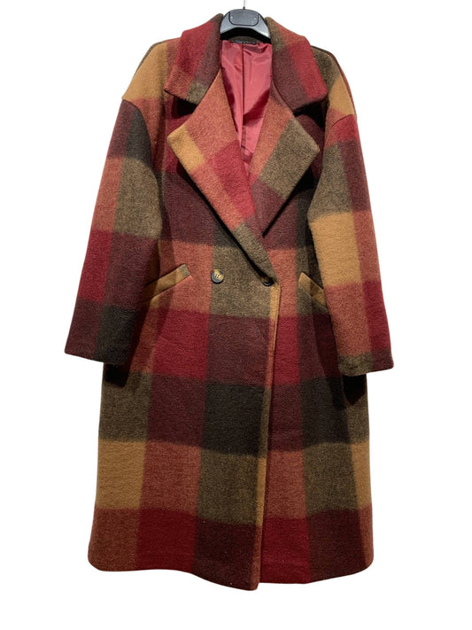 Introducing the 50706 FALL WINTER CLOTHING COAT in Bordeaux by LINEN & COTTON HOUSE—a long wool blend coat showcasing a bold large plaid pattern in striking red, brown, yellow, and orange tones. Thoughtfully designed with wide lapels, two side pockets, a single button closure, and finished with a pinkish inner lining, this coat offers both warmth and standout style for your fall-winter wardrobe.