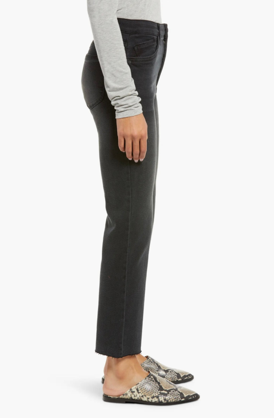 A person wearing a light gray long-sleeve shirt, black high-waisted Bennet Skyrise Jeans L2269E4D4 from Wit & Wisdom at Nordstrom, and slip-on shoes with a snakeskin pattern. The image is cropped just above the person's shoulders.