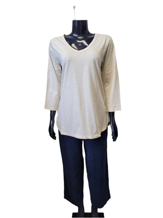 A mannequin wearing an ORIENTIQUE V Neck Cotton Knit Tee with 3/4 sleeves and black pants, standing against a plain white background. The outfit appears casual and comfortable.