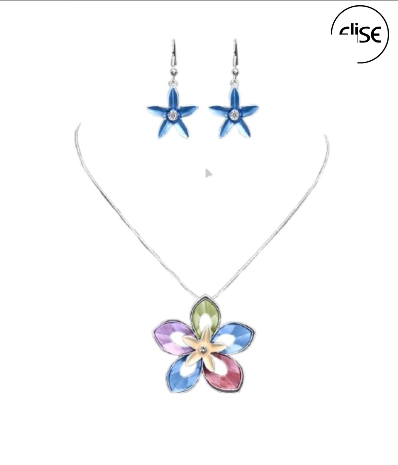 The Nicole 42 MUL Necklace & Earring Set by Elise accessories features an angular flower necklace with a bold multicolored pendant and matching blue floral earrings—ideal for unique costume jewelry fans. Brand logo "Elise" appears in the upper right corner.