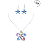 The Nicole 42 MUL Necklace & Earring Set by Elise accessories features an angular flower necklace with a bold multicolored pendant and matching blue floral earrings—ideal for unique costume jewelry fans. Brand logo "Elise" appears in the upper right corner.