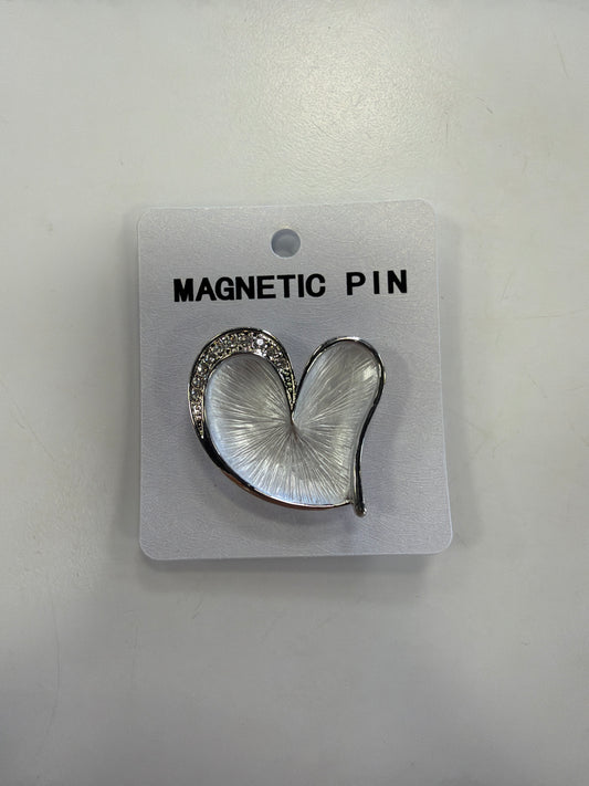 Elise Accessories Denise 12 Brooch, a silver heart pin with a pearlescent white center and crystal-accented edge on a white display card.