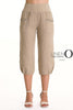 A person wears LinenO’s French Linen Capri PT878-148 Natural, featuring front pockets and an elastic waistband, styled with white open-toe sandals. A white background shows the “Linen O” logo on the right.