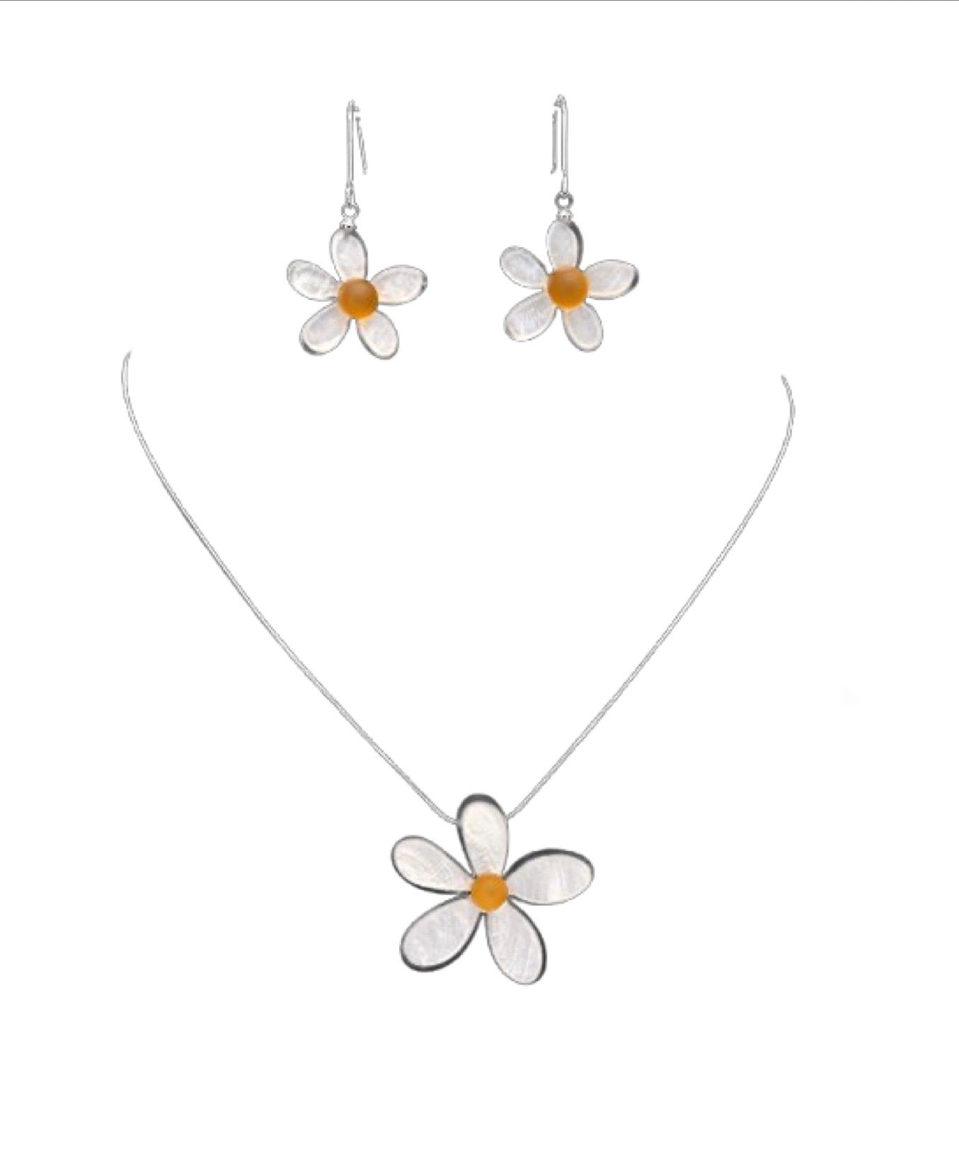 The Nicole 43 WHT Necklace & Earring Set by Elise Accessories features elegant silver costume jewelry with delicate white petals, yellow centers, and a standout larger pendant for extra charm.