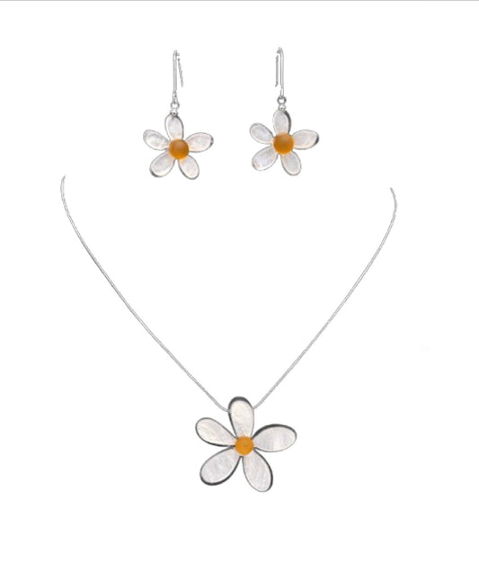 The Nicole 43 WHT Necklace & Earring Set by Elise Accessories features elegant silver costume jewelry with delicate white petals, yellow centers, and a standout larger pendant for extra charm.