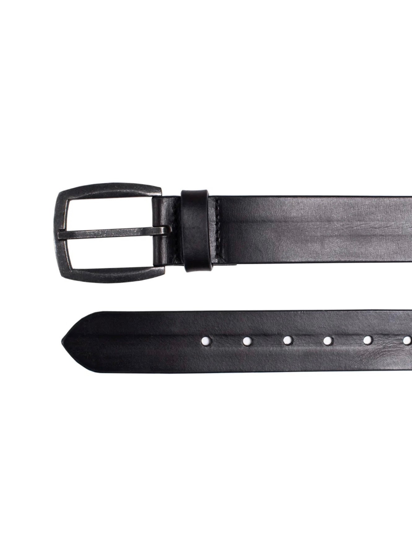 The Silver Jeans Co. 38MM Genuine Leather Belt from Silver Jeans Co. is showcased against a simple white background. This men's belt, made of coiled black genuine leather, boasts a smooth texture and features a blackened antique nickel finish buckle with rounded edges and a rectangular shape.