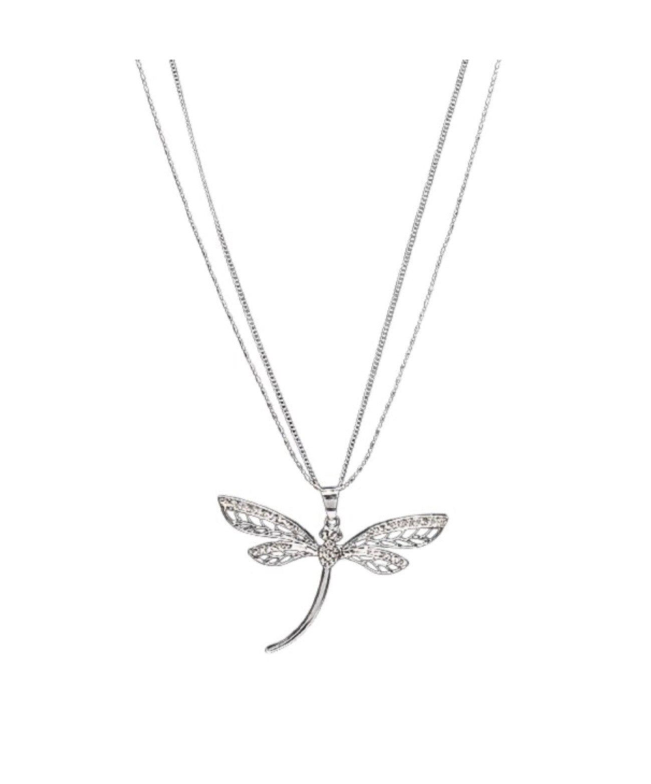 The Ava 13 Silver Necklace by Elise Accessories features a double chain and a dragonfly-shaped pendant with clear gemstones on the wings, shown against a white background.