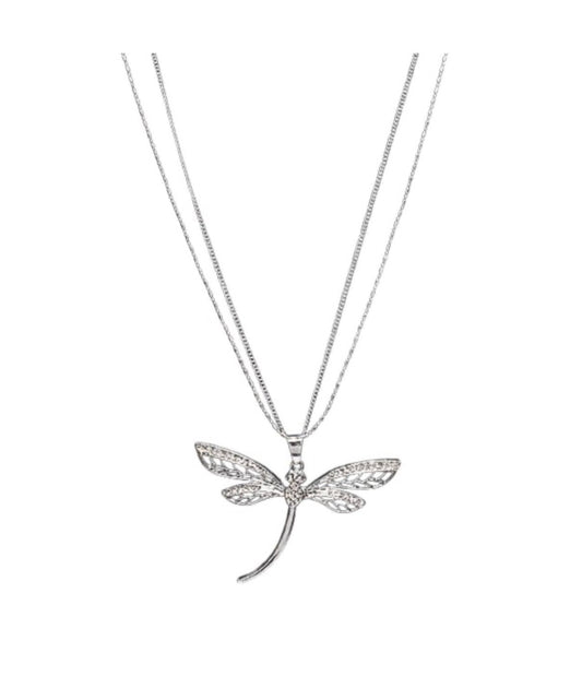 The Ava 13 Silver Necklace by Elise Accessories features a double chain and a dragonfly-shaped pendant with clear gemstones on the wings, shown against a white background.