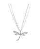 The Ava 13 Silver Necklace by Elise Accessories features a double chain and a dragonfly-shaped pendant with clear gemstones on the wings, shown against a white background.