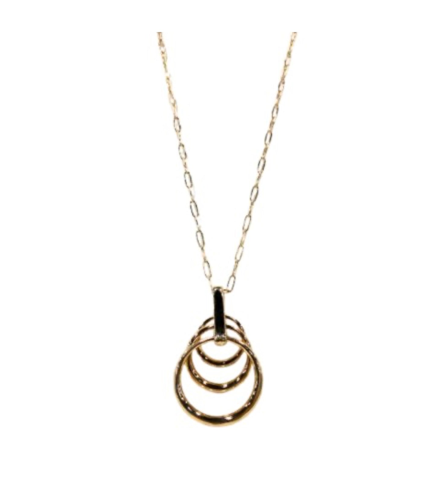 The Ava 3 Gold Necklace by Elise Accessories features interlocking gold rings on a black connector, displayed against a white background—a stylish costume jewellery piece.