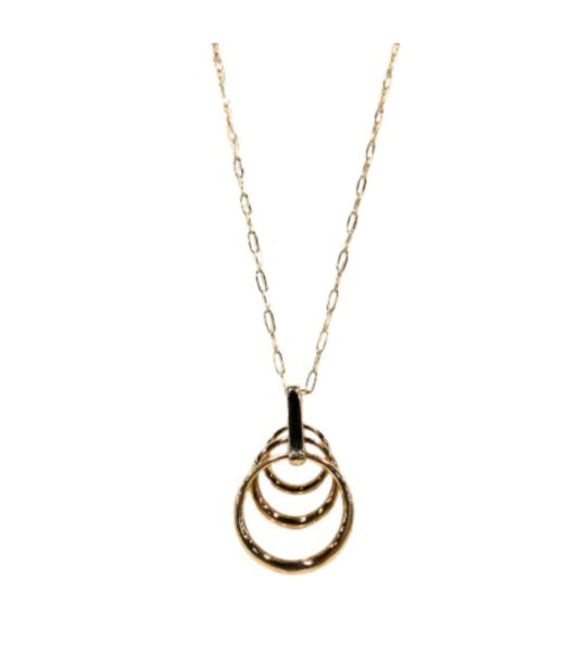 The Ava 3 Gold Necklace by Elise Accessories features interlocking gold rings on a black connector, displayed against a white background—a stylish costume jewellery piece.