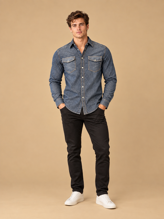 A man stands with his hands in his pockets, wearing the Silver Jeans Co. Denim Shirt Long Sleeve - MEDIUM WASH made from 100% cotton, paired with black pants and white sneakers, against a plain beige background.