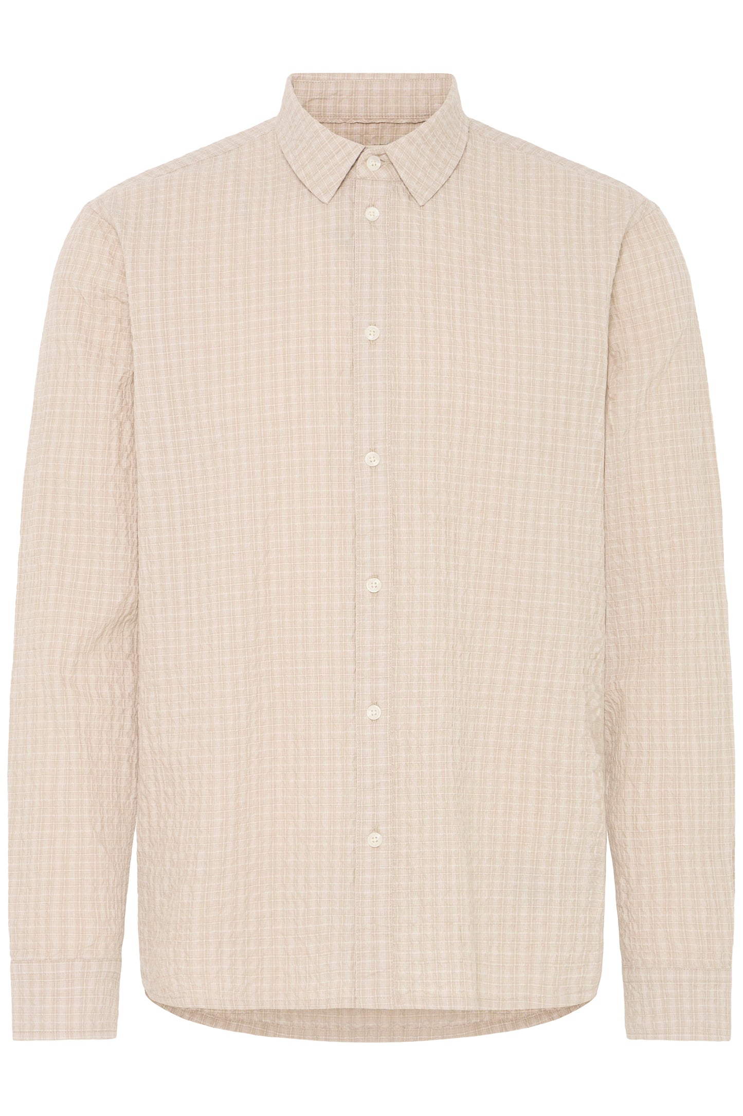 The BLEND BARNY SHIRTS 20720753-161104 is a men’s long sleeve cotton shirt in light beige with a subtle checkered texture and classic collar, shown on a plain white background.