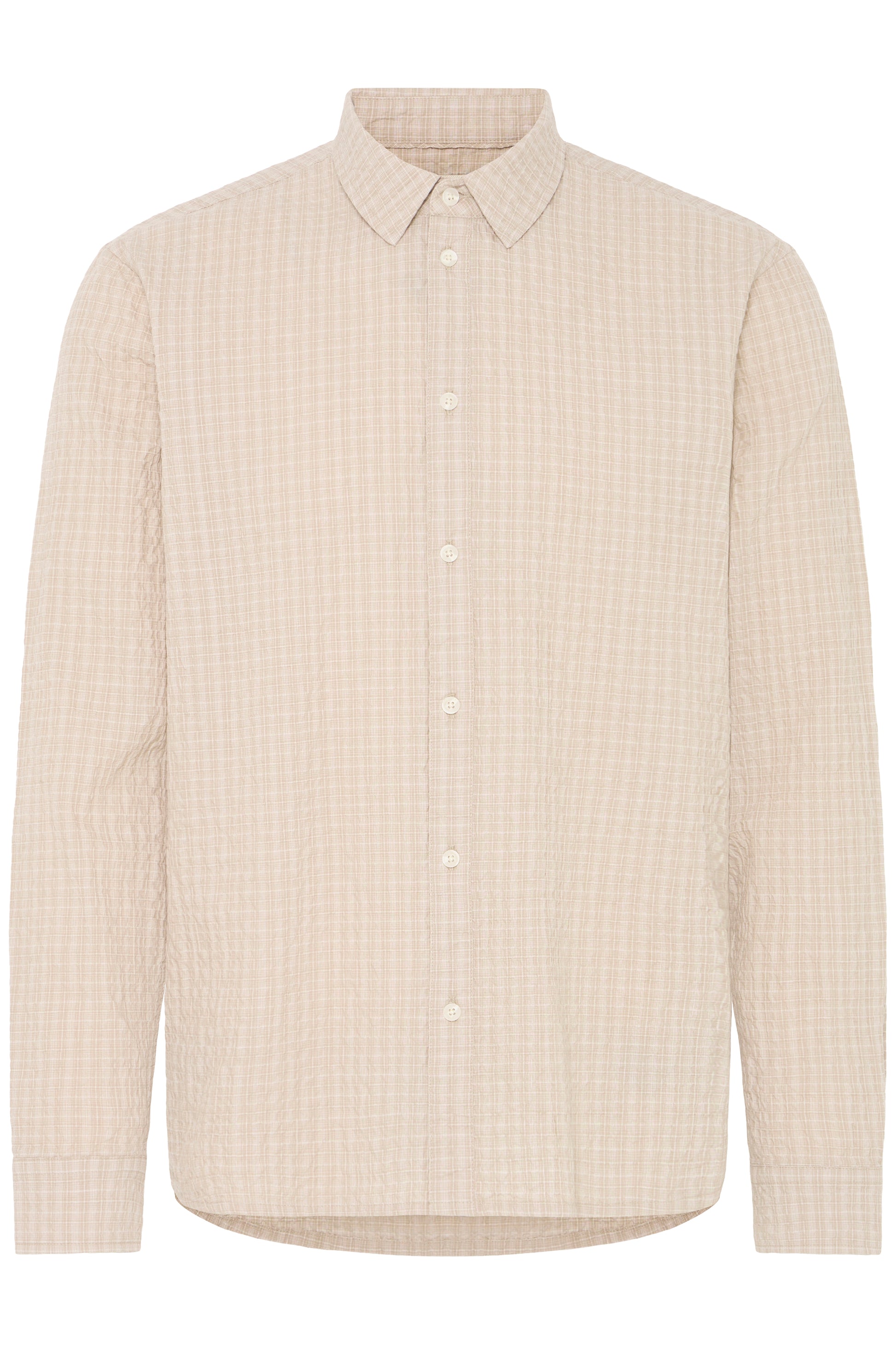 The BLEND BARNY SHIRTS 20720753-161104 is a men’s long sleeve cotton shirt in light beige with a subtle checkered texture and classic collar, shown on a plain white background.