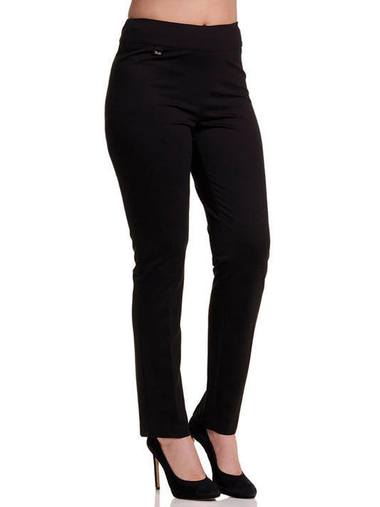 A person is wearing high-waisted, black, slim-fit Bali Pant Basic 6451 Petite by Bali Corp, paired with black high heels. These versatile black pants feature a minimalist design with no visible pockets or embellishments, making them perfect for any occasion. The background is plain white.