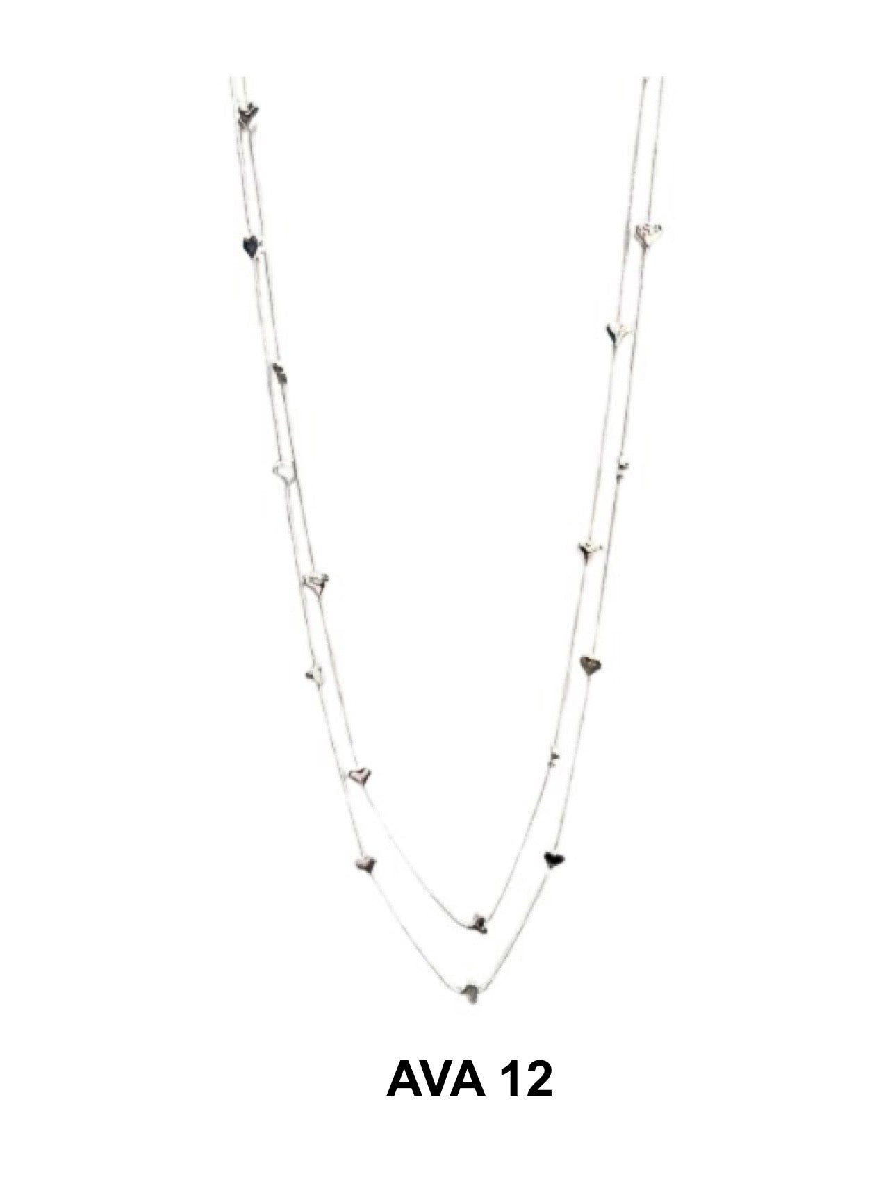 The Ava 12 Silver Necklace by Elise Accessories features a delicate double-layered design with small evenly spaced heart charms, displayed on white. The text "AVA 12" is shown below this elegant piece of costume jewellery.