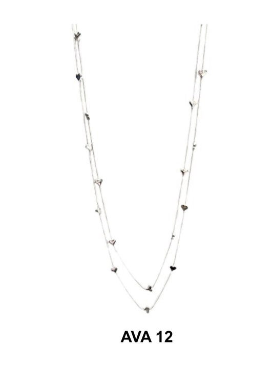 The Ava 12 Silver Necklace by Elise Accessories features a delicate double-layered design with small evenly spaced heart charms, displayed on white. The text "AVA 12" is shown below this elegant piece of costume jewellery.