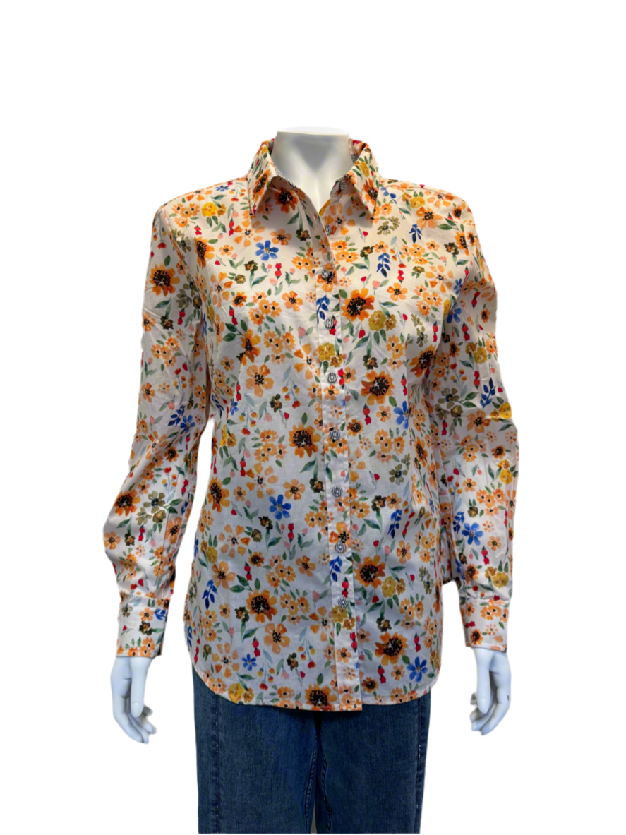 A mannequin showcases the FOIL All Class Shirt FO7043, a long-sleeved, button-up shirt adorned with a vibrant floral print in shades of orange, blue, and green. Made from 100% cotton, this stylish shirt is paired with blue jeans against a plain white background.