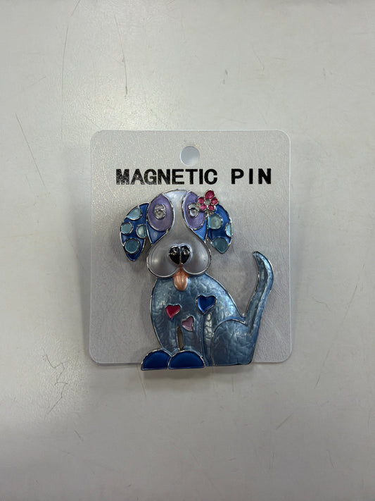 Denise 17 Brooch by Elise accessories, a blue, grey, and purple enamel dog brooch with hearts on its chest, attached to an Elise Accessories backing card labeled “MAGNETIC PIN.”.