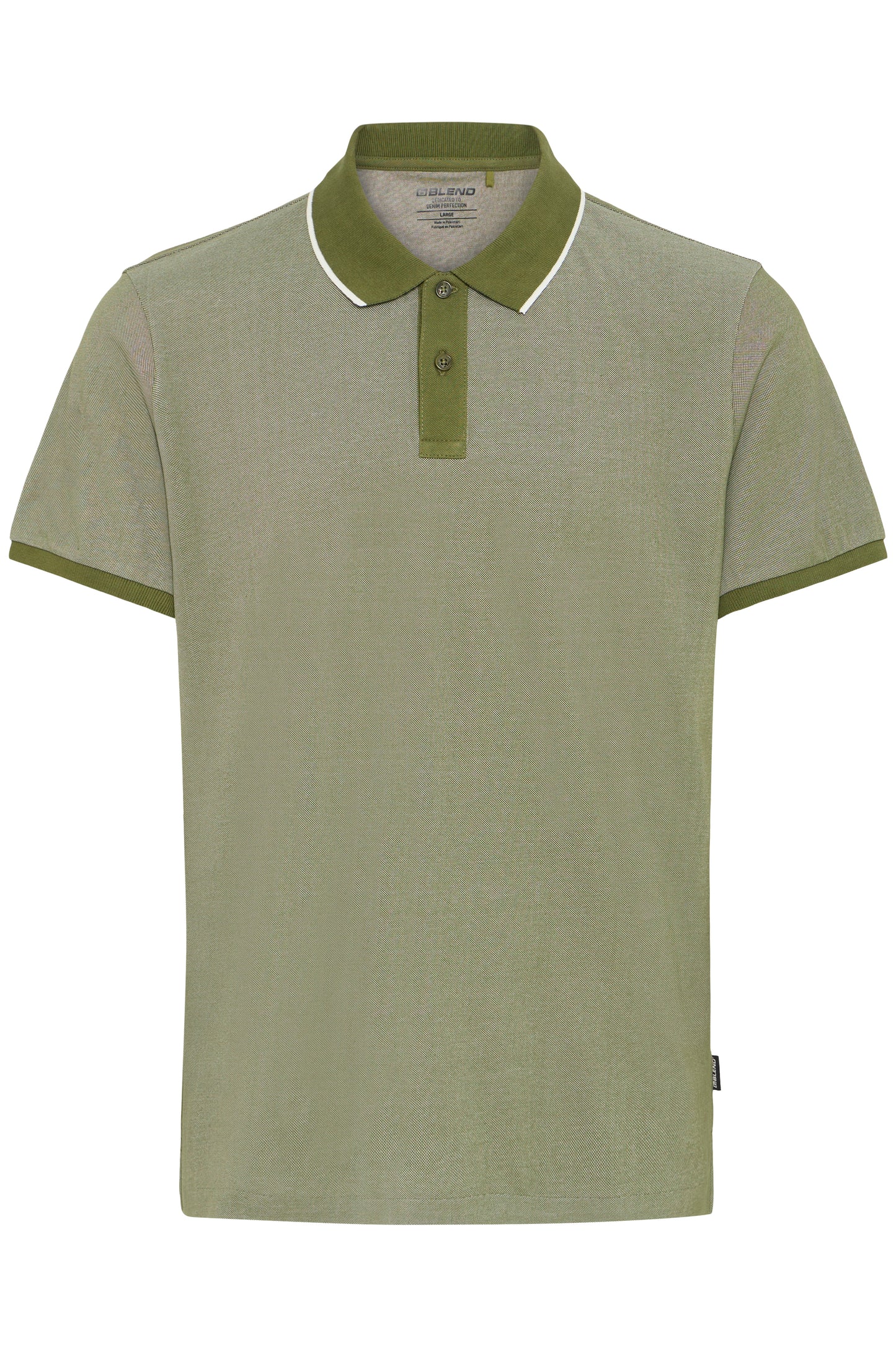 The BLEND BH GILBERT POLO (20720491-180523) is a short-sleeved, olive green cotton-linen shirt with a collar, button placket, darker green trim on the collar and cuffs, plus a thin white stripe—perfect for summer.
