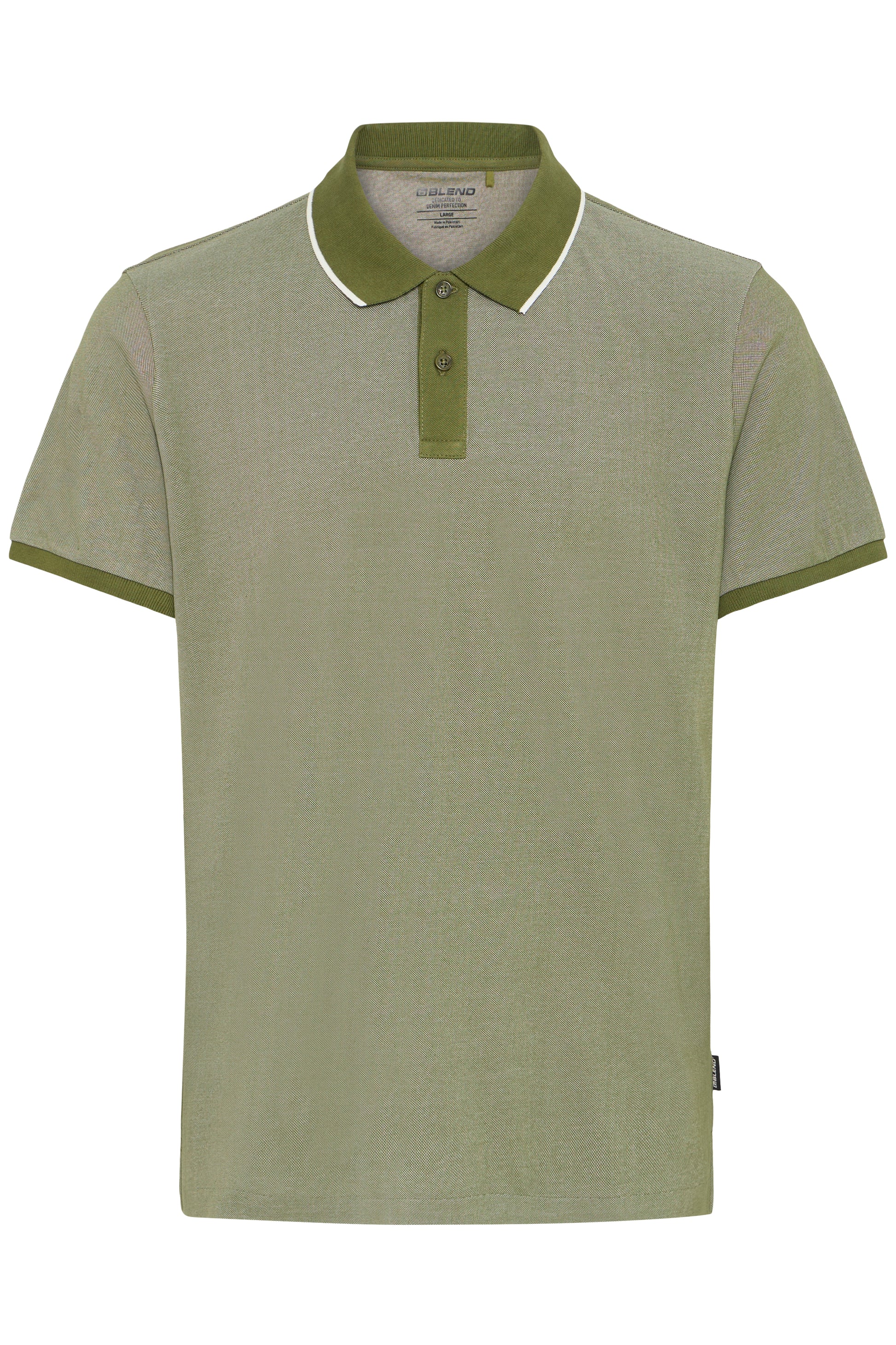 The BLEND BH GILBERT POLO (20720491-180523) is a short-sleeved, olive green cotton-linen shirt with a collar, button placket, darker green trim on the collar and cuffs, plus a thin white stripe—perfect for summer.