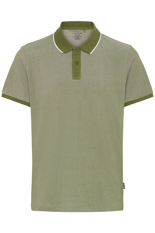 The BLEND BH GILBERT POLO (20720491-180523) is a short-sleeved, olive green cotton-linen shirt with a collar, button placket, darker green trim on the collar and cuffs, plus a thin white stripe—perfect for summer.