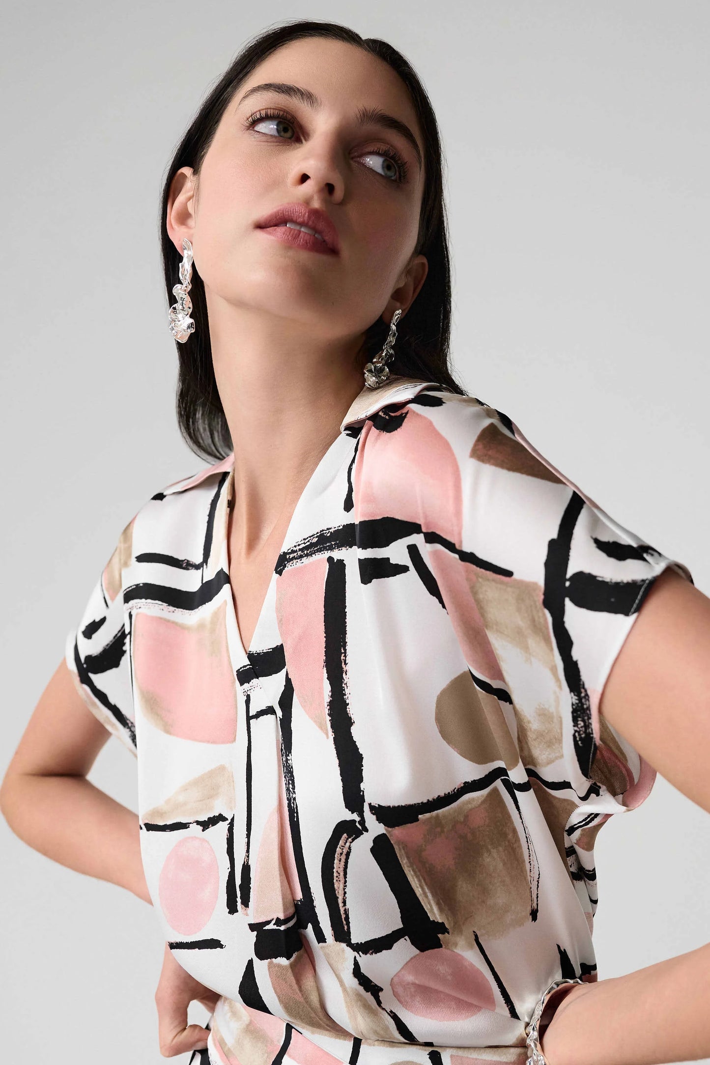 Recycled Satin Abstract Print Boxy Top With V-neckline 261308 - Joseph Ribkoff