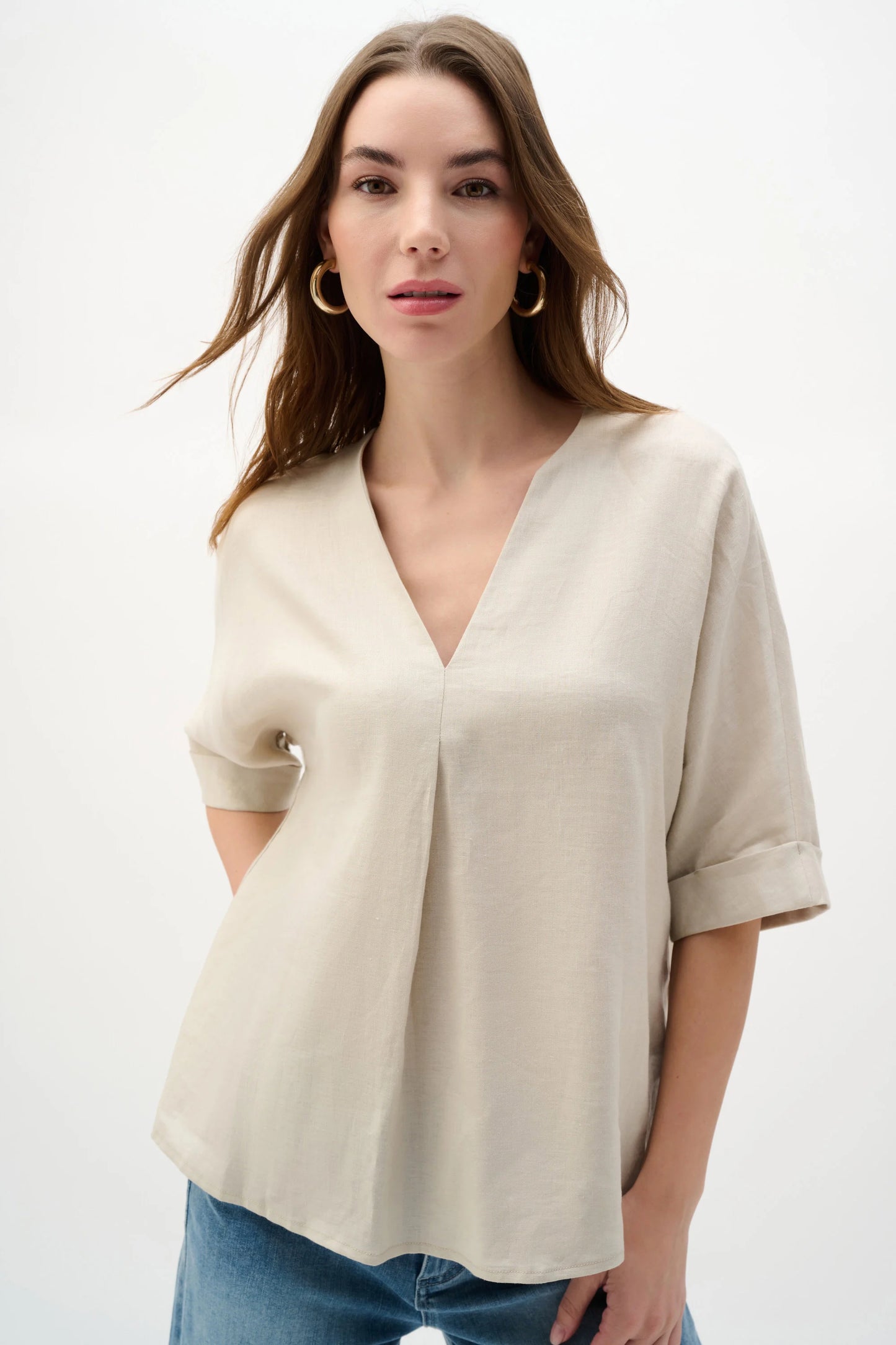 Linen Straight Top With V-notch neckline Moonstone 262939 - Joseph Ribkoff