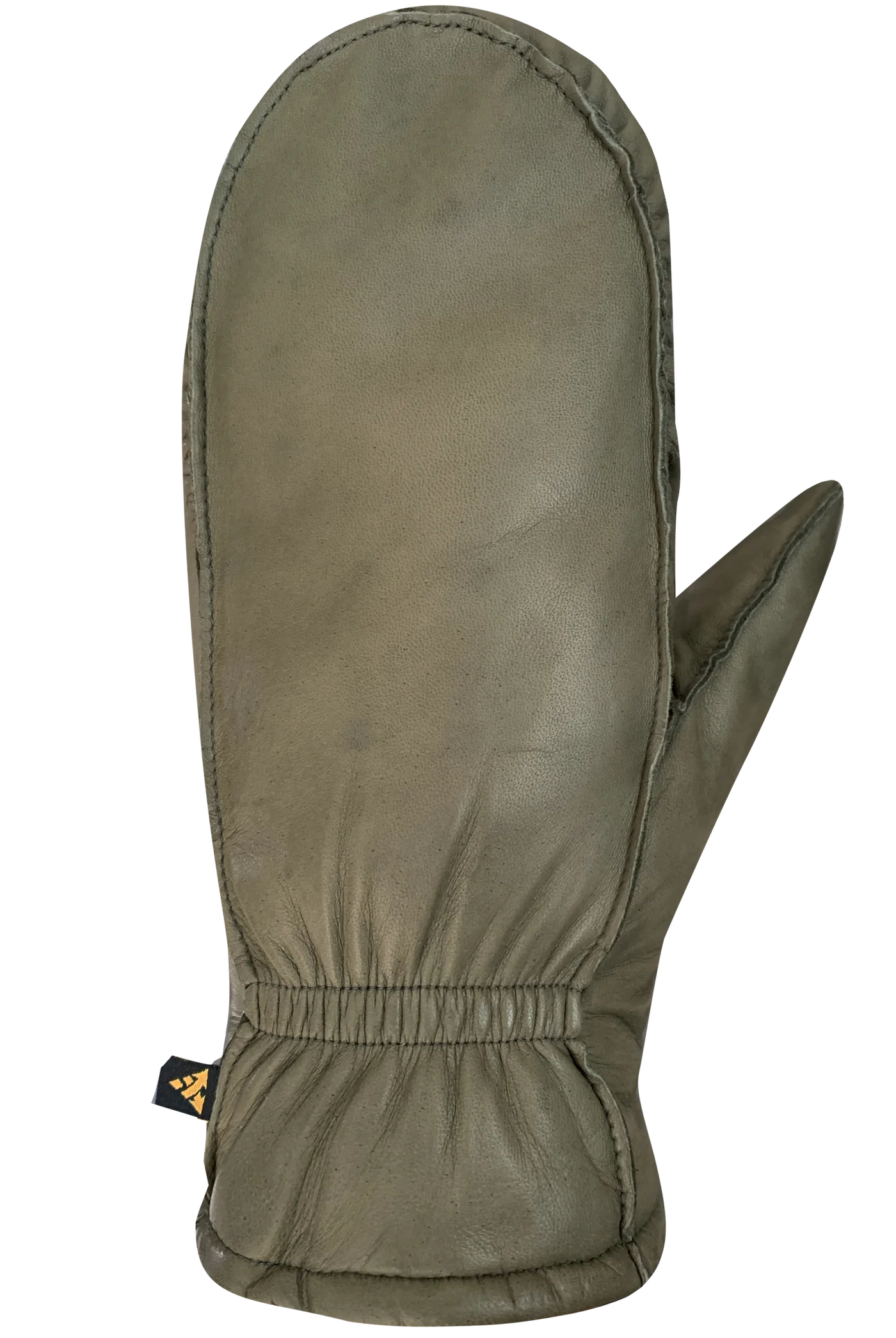 The Kiva Fingermitts by AUCLAIR for women are crafted from premium green sheep leather, featuring an elastic cuff and a small black tag adorned with a triangular logo. Enhanced with Thermolite® insulation for warmth level 3, these mittens are elegantly presented against a plain white background.