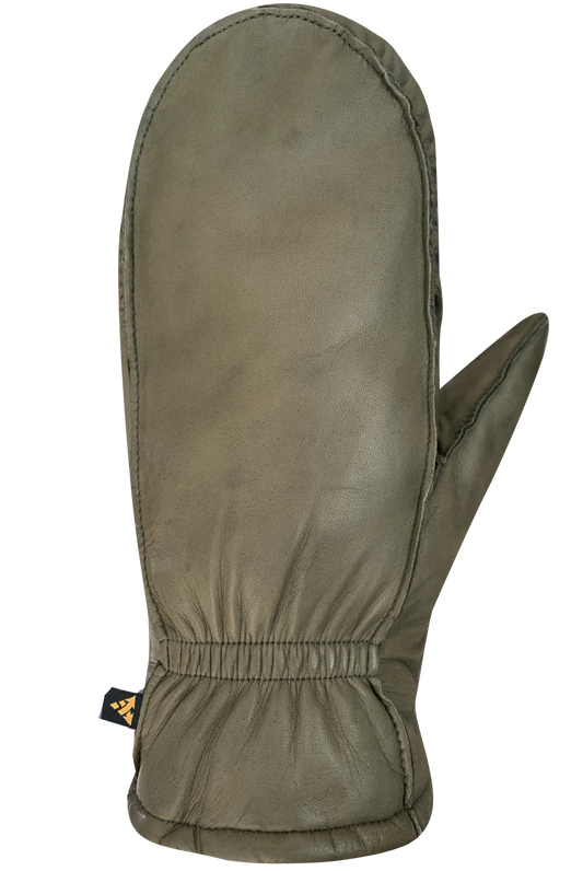 The Kiva Fingermitts by AUCLAIR for women are crafted from premium green sheep leather, featuring an elastic cuff and a small black tag adorned with a triangular logo. Enhanced with Thermolite® insulation for warmth level 3, these mittens are elegantly presented against a plain white background.