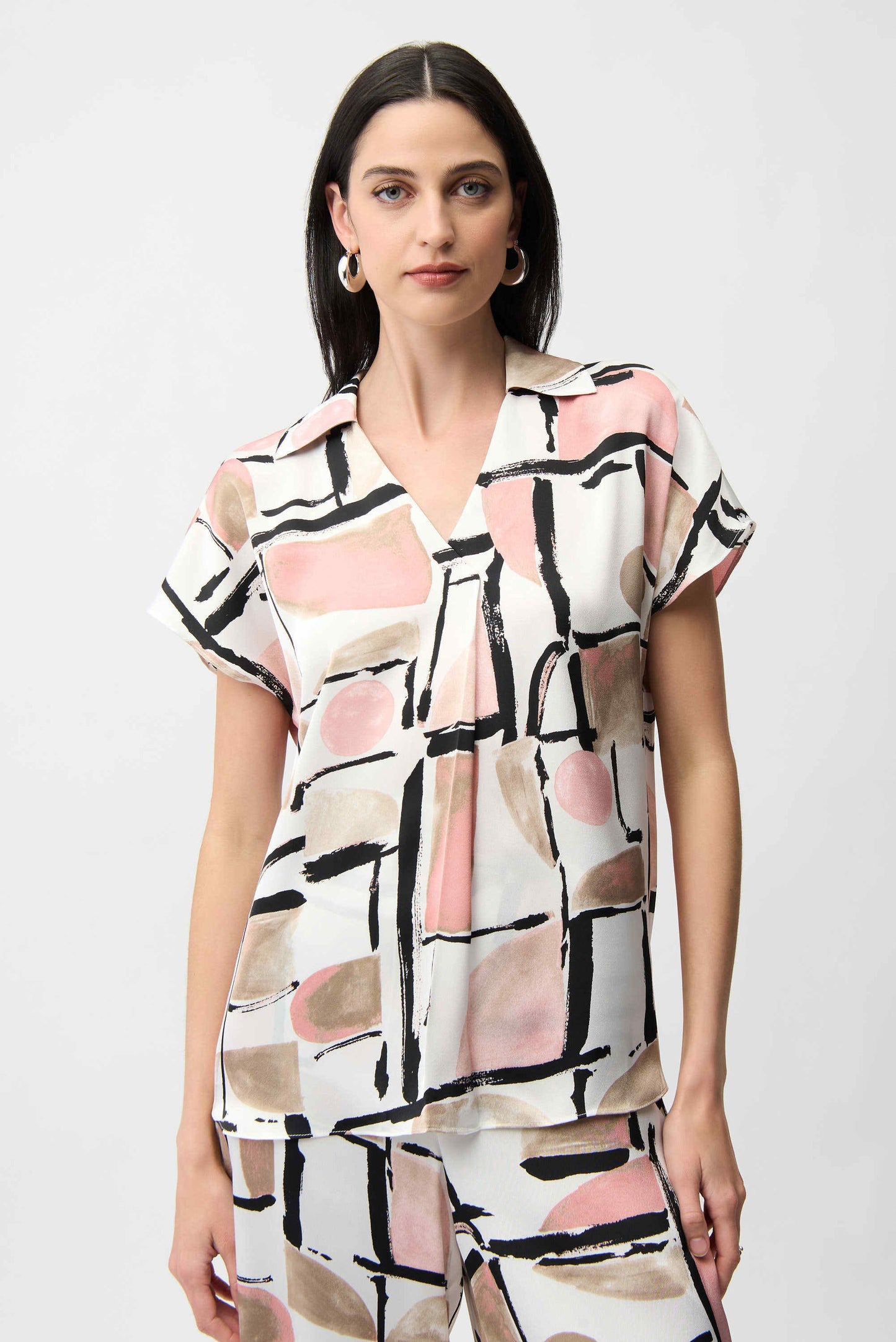 Recycled Satin Abstract Print Boxy Top With V-neckline 261308 - Joseph Ribkoff