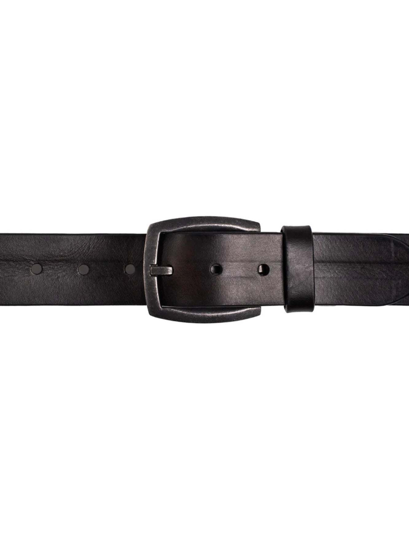 The Silver Jeans Co. 38MM Genuine Leather Belt from Silver Jeans Co. is showcased against a simple white background. This men's belt, made of coiled black genuine leather, boasts a smooth texture and features a blackened antique nickel finish buckle with rounded edges and a rectangular shape.