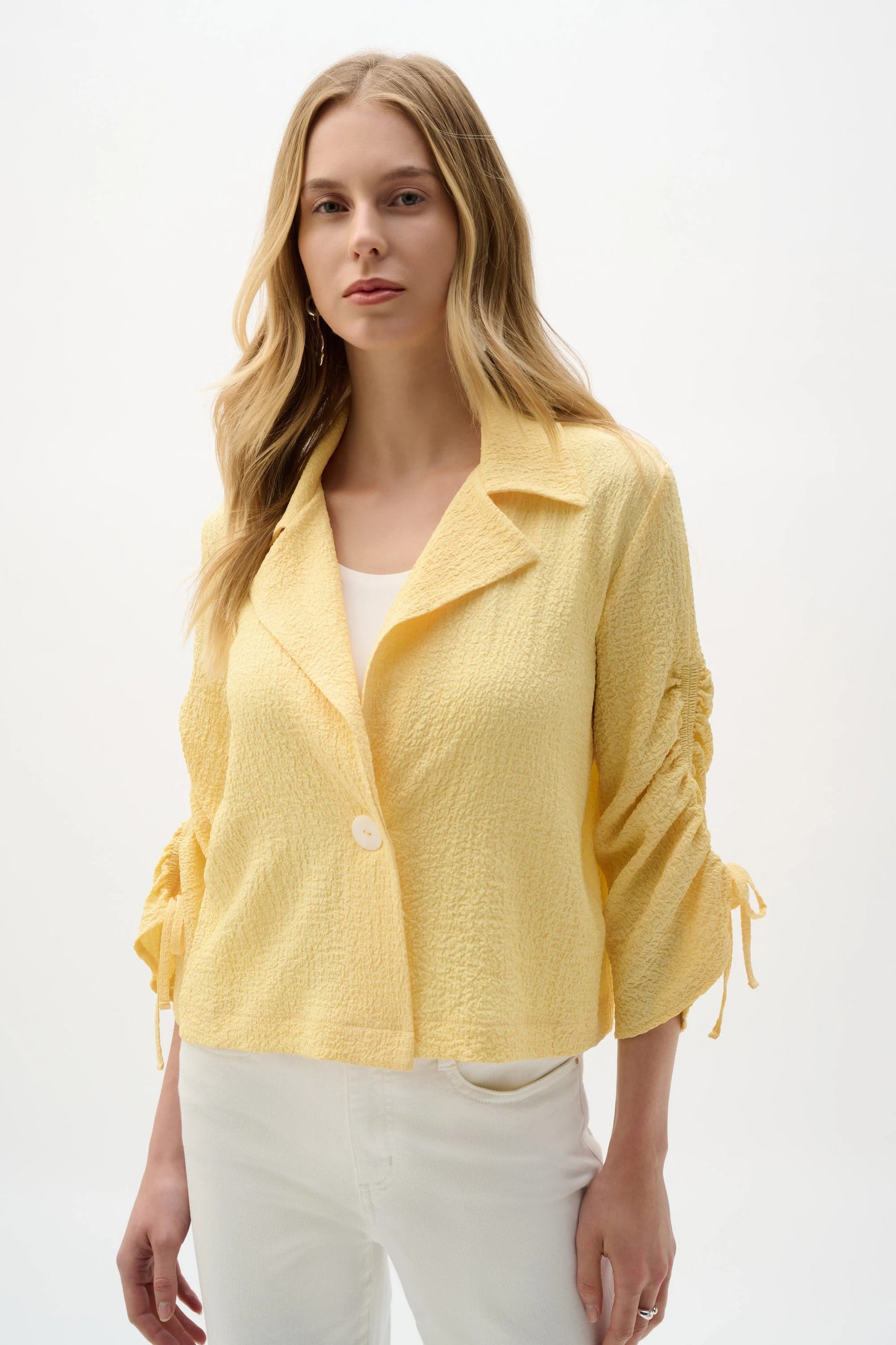 Woven Seersucker Boxy Blazer With Shirred Sleeves 262143 - Joseph Ribkoff