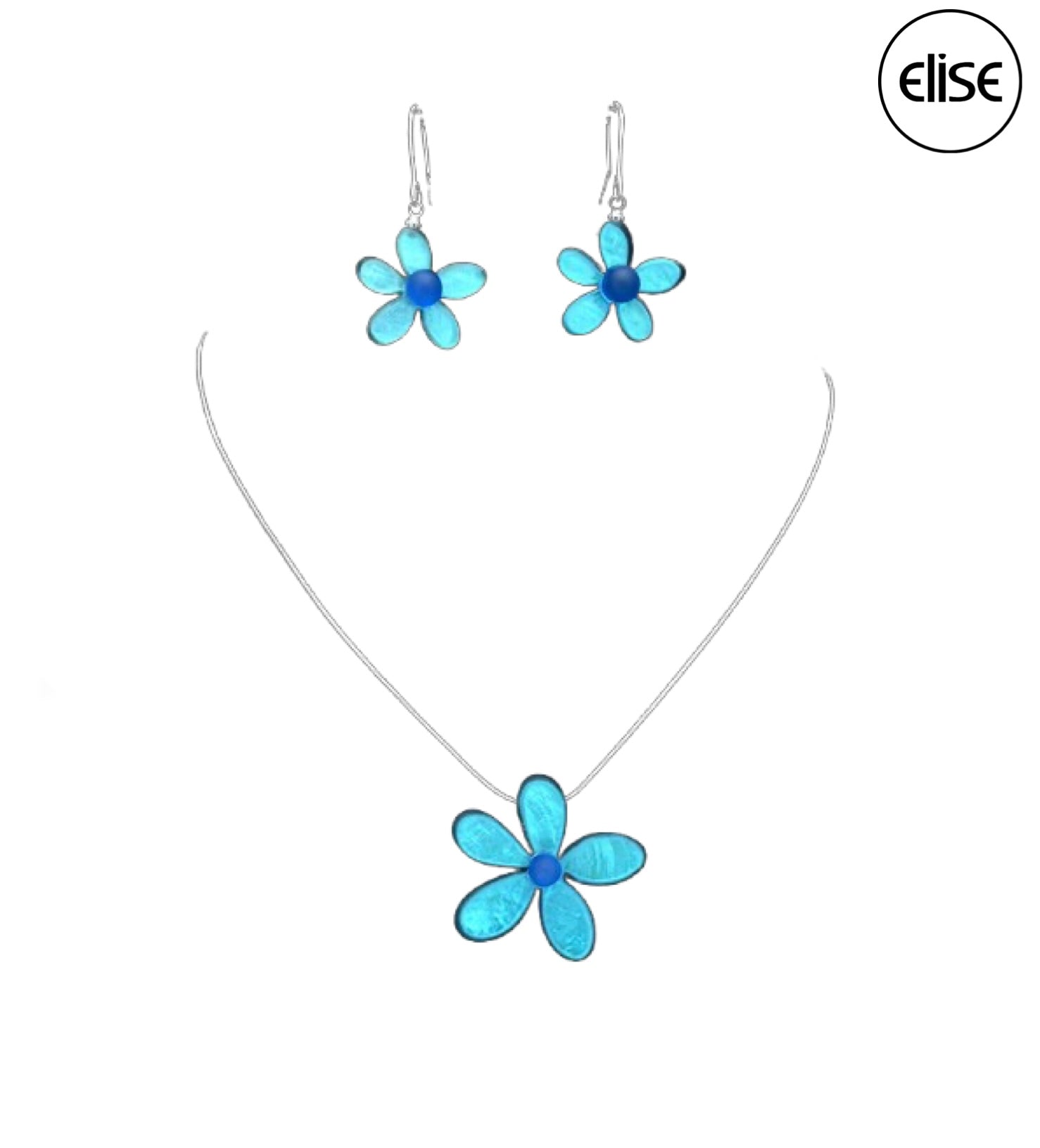 The Nicole 43 TUQ Necklace & Earring Set by Elise Accessories features blue flower-shaped earrings and a turquoise flower necklace on a silver chain. The "elise" logo is displayed in a black circle in the top right corner.