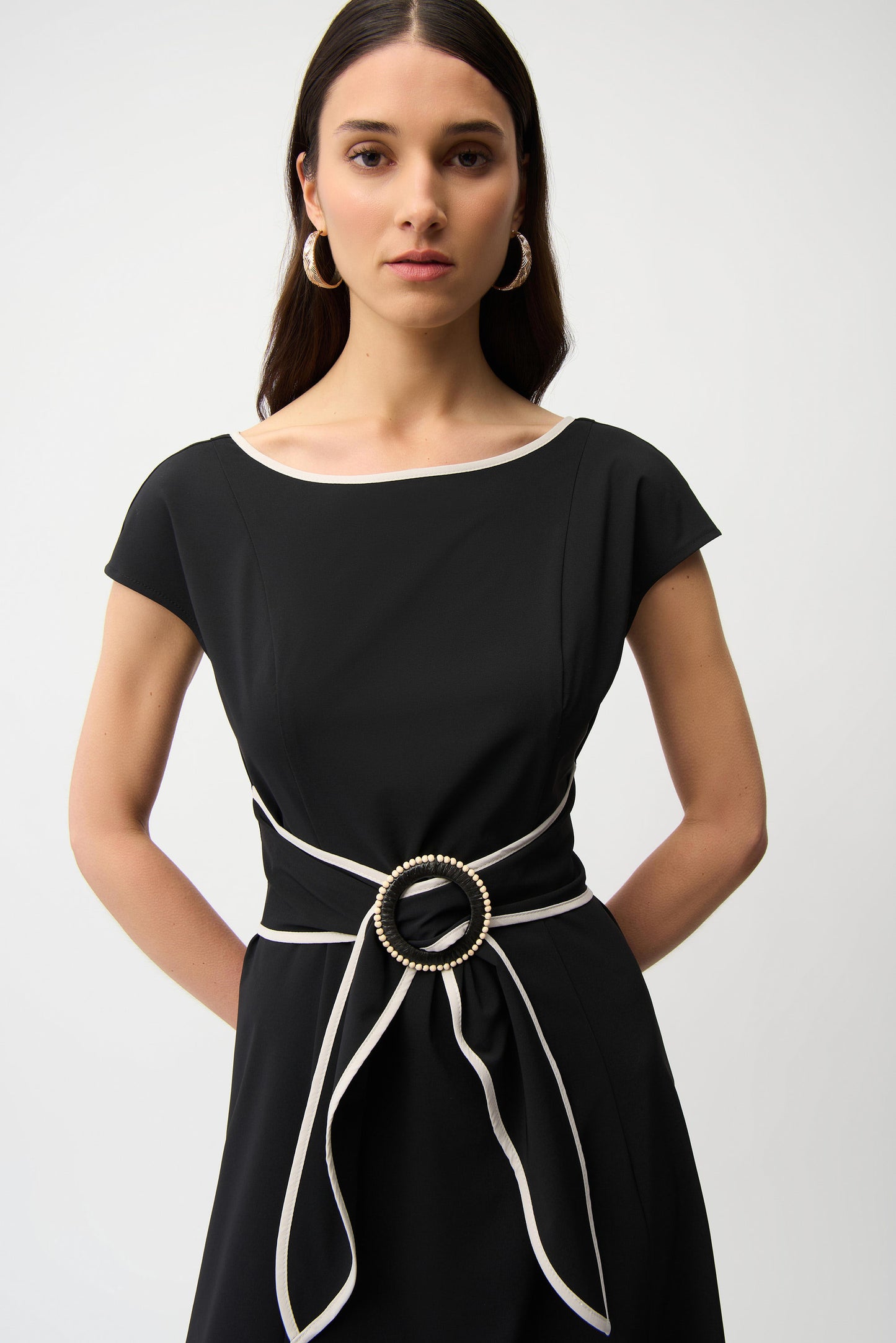 Strech Woven Color Block Fit and Flare Dress With Sash 261051 - Joseph Ribkoff