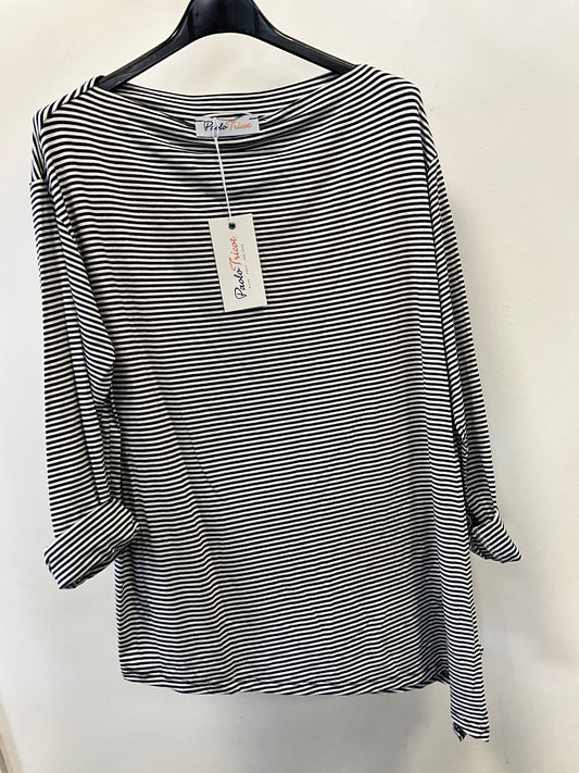 The Paolo Tricot Top DV11971A Navy hangs on a black plastic hanger against a white wall. This lightweight summer top, in nautical stripes, features rolled-up sleeves and has a tag attached to the collar.