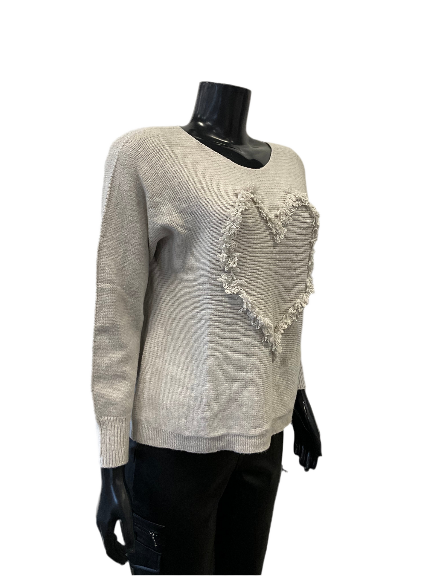 Round Neck Sweater with Heart Design Grey/Beige - Eternelle