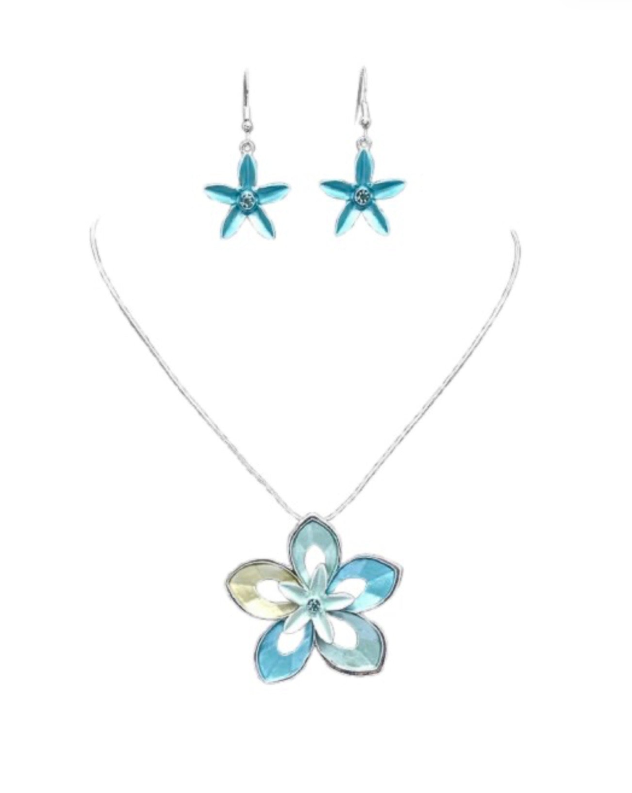 The Nicole 42 TUQ Necklace & Earring Set by Elise Accessories features a silver necklace with a blue and yellow floral pendant and matching earrings, each adorned with central gems.